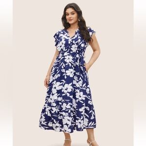 BloomChic Plus Size Silhouette Floral Print Ruffle Cap Sleeve Dress